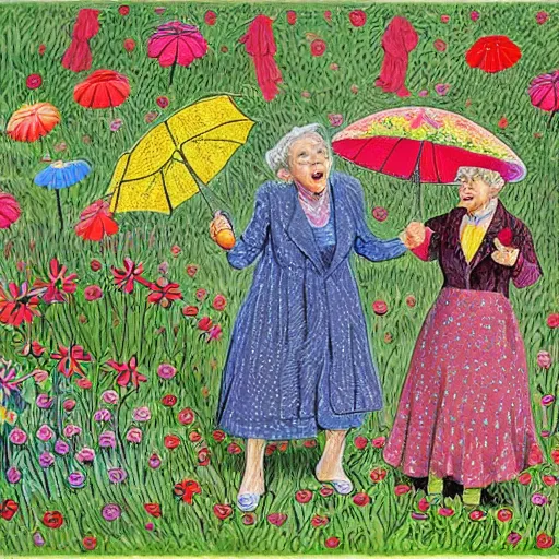 Image similar to an old lady is very excited about an umbrella in her back yard, in the style of Louis wain