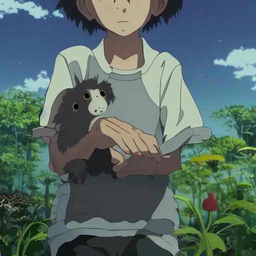 Image similar to friendly guy and small creature , with Fragile looking character portrait face made by Studio Ghibli highly detailed art, beautiful scene, sharp focus, smooth, 8k, anime art, wild, dark