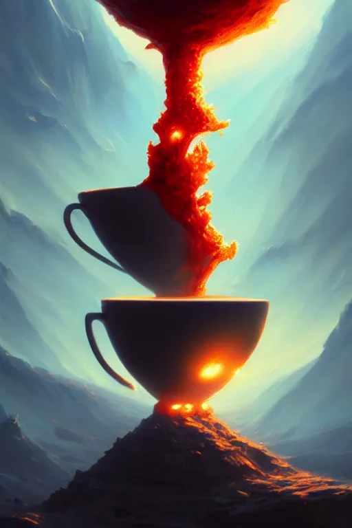 Image similar to coffee cup with volcano erupting inside the whipped cream on top of the cup, stephen bliss, unreal engine, fantasy art by greg rutkowski, rhads, ferdinand knab, makoto shinkai and lois van baarle, ilya kuvshinov, rossdraws, tom bagshaw, global illumination, radiant light, red blue theme, pine forest