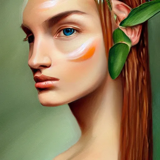 Image similar to a symmetrical portrait of a blonde woman with plants in hair, oil painting, pale colors, high detail, 8 k, wide angle, trending on artstation,