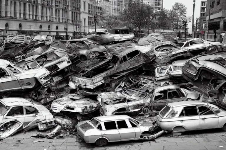 Prompt: pile of wrecked cars in the middle of the square, photo by John Free,