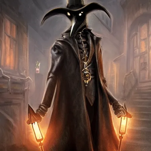 Prompt: epic fantasy plague doctor wearing a trench coat, gritty steampunk aesthetic, dramatic lighting, ultra hd