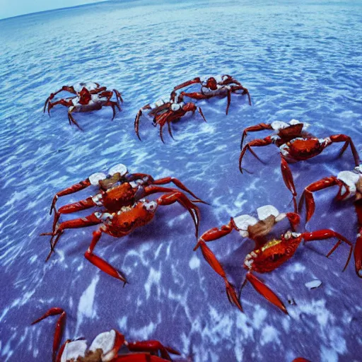 Image similar to mice riding on crabs during the Christmas Island great red crab migration, national geographic photography,