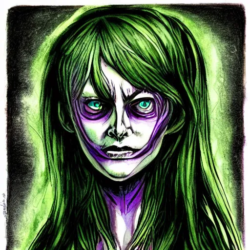 Prompt: character art of evil druidess | dynamic pose | by Junji Ito | blighted forest | comic book style | realistic face and body | beautiful detailed young face | pulp adventure heroine | green and purple vivid watercolor | detailed pen and ink