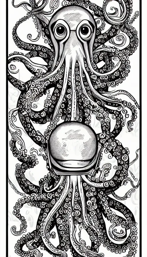 Prompt: robot with octopus tentacles, hand drawn illustration, antique style poster, highly detailed vector art