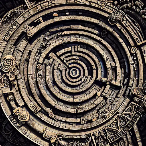 Image similar to Aereal view of an ancient intricate labyrinth, intricate, baroque, wonderland, photorealistic, photography, octane, high definition, detailed, 8k, artstation