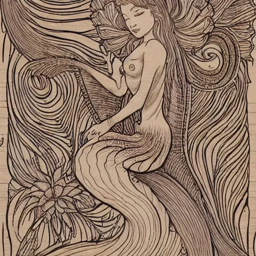 Image similar to detailed drawing of a two tailed mermaid on wood panel in the style of Audrey Kawasaki