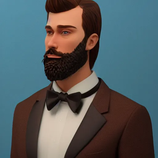 Prompt: a highly detailed portrait of a man, with a brown short beard and hair, blue eyes, wearing a tuxedo, artstation, deviantart, professional, octane render