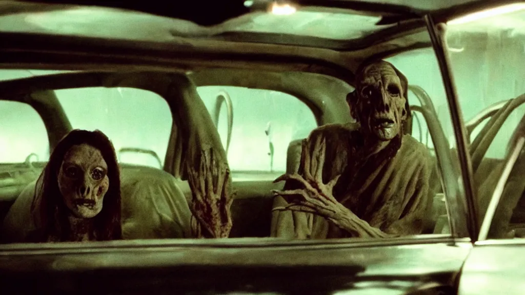 Image similar to the creature sells a used car, made of wax and blood, film still from the movie directed by Denis Villeneuve with art direction by Dalí, wide lens