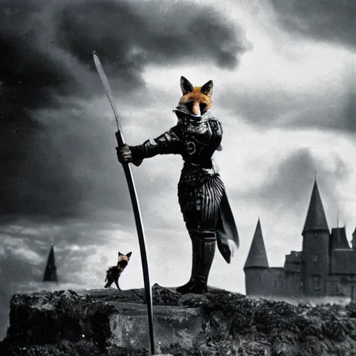 Prompt: anthropomorphic fox who is a medieval knight holding a sword towards a stormy thundercloud 1 9 3 0 s film still, castle in the background, being shown in a theatre