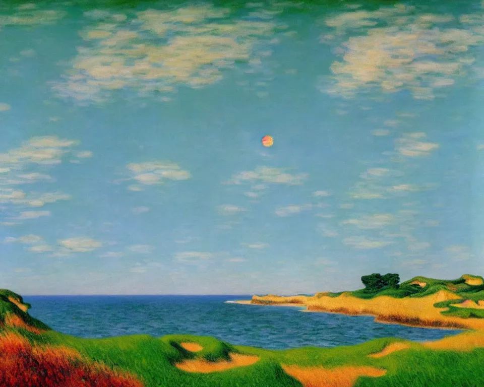 Prompt: achingly beautiful painting of bandon dunes # 1 8 by rene magritte, monet, and turner.