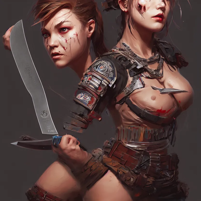 Image similar to full atomic scan face shot of a beautiful warlord girl, in tshirt with her buck knife ready, her morbid interests, irish, by saruei and guweiz and ilya kuvshinov and george miller, digital art, highly detailed, intricate, sharp focus, trending on artstation hq, deviantart, pinterest, unreal engine 5, 4 k uhd image