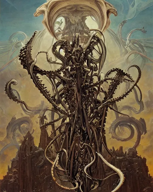 Image similar to elegant renaissance painting of biomechanical warhammer final boss creature vecna, art by bruce pennington and peter mohrbacher, epic bibical depiction, flesh and bones, teths and tentacles, corpses and shadows