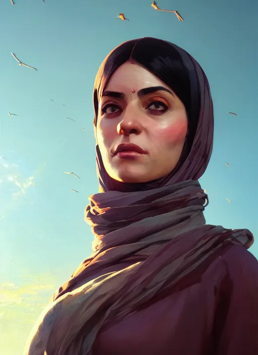 Image similar to highly detailed portrait of iranian woman in gta v, stephen bliss, unreal engine, fantasy art by greg rutkowski, loish, rhads, ferdinand knab, makoto shinkai and lois van baarle, ilya kuvshinov, rossdraws, tom bagshaw, global illumination, radiant light, detailed and intricate environment