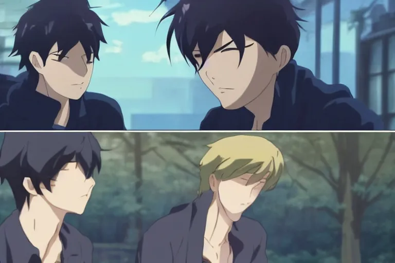 Image similar to Two handsome anime guys, one with black hair and the other with loess hair, Makoto Shinkai, rainy day