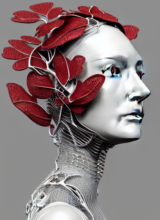 Prompt: complex 3d render ultra detailed of a beautiful porcelain profile woman face, mechanical cyborg, 150 mm, beautiful studio spotlight, rim light, silver gold red details, fine filigran foliage lace, magnolia big leaves and stems, roots, mesh wire, Alexander Mcqueen haute couture, luxurious, intricate details, hyper realistic, mandelbrot fractal, anatomical, facial muscles, cable wires, microchip, elegant, octane render, H.R. Giger style, 8k