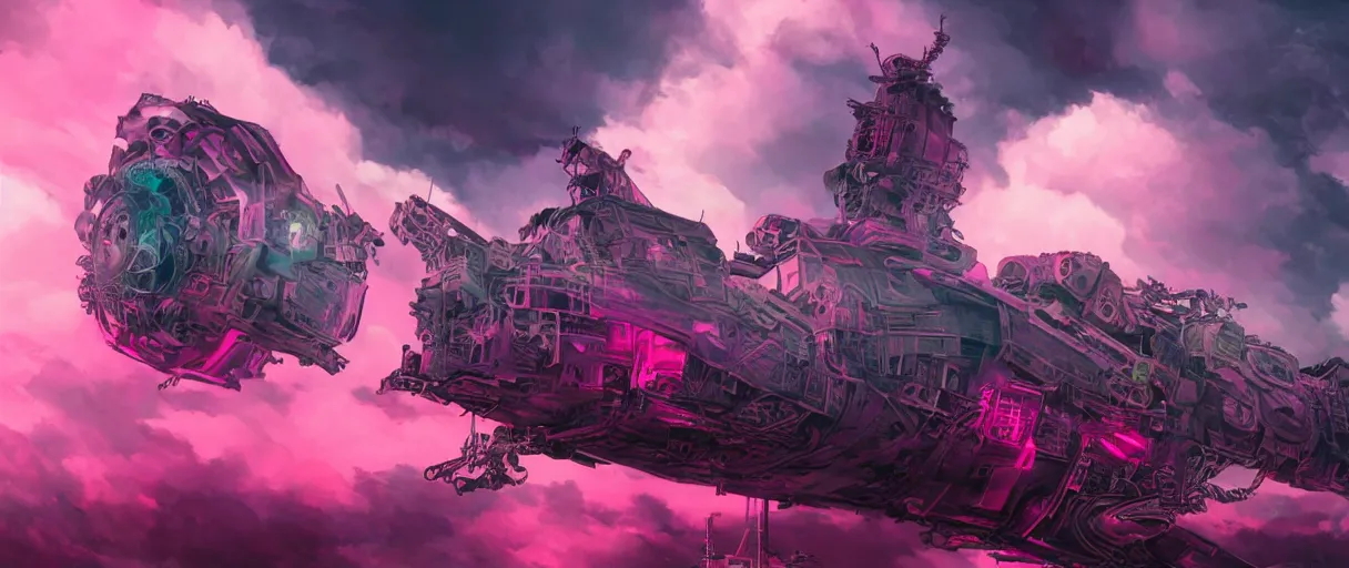 Image similar to portrait big punk, pink, mohawk, space, hyperdetailed illustration, stars, neon, oil painting, rich deep colors masterpiece, ultra detailed, contrast, heaven pink, clouds, volumetric light, atmospheric lighting, pirate neon ship, dramatic, cinematic, moody, octane render 4 k, 8 k