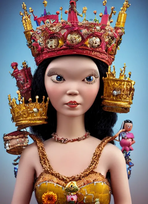 Image similar to closeup face profile portrait of tin toy bjork as a fairytale princess wearing a crown eating cakes, bikini, depth of field, zeiss lens, detailed, symmetrical, centered, fashion photoshoot, by nicoletta ceccoli, mark ryden, lostfish, breathtaking, 8 k resolution, extremely detailed, beautiful, establishing shot, artistic, hyperrealistic, octane render