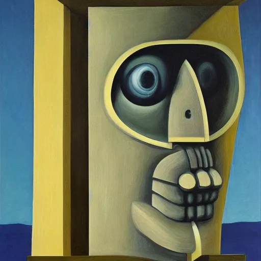 Image similar to brutalist giant unfeeling robot bishop visage, portrait, atrium, rotunda, dystopian, pj crook, edward hopper, oil on canvas