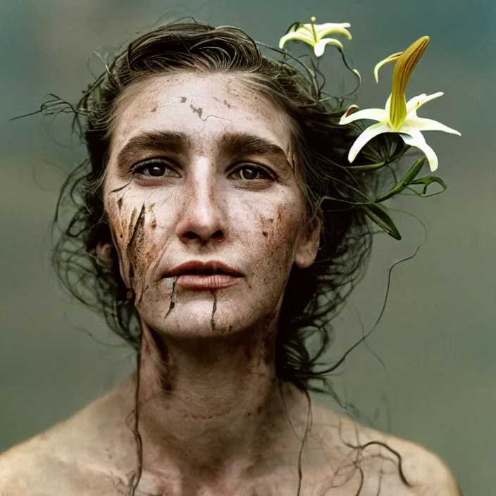 Image similar to closeup portrait of a woman with wire and lilies growing out of her face, standing in a desolate apocalyptic city, by Annie Leibovitz and Steve McCurry, natural light, detailed face, CANON Eos C300, ƒ1.8, 35mm, 8K, medium-format print