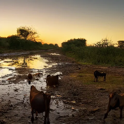 Prompt: National Geographic photograph of a sewage river with feces and goats at dawn