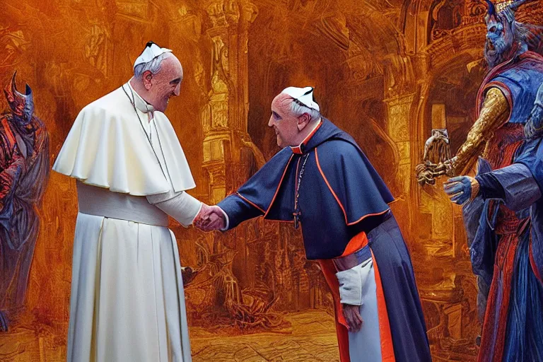 Image similar to the pope shaking hands with the satan in the hell, hyper detailed, orange red blue tones dramatic lighting, cgsociety, realistic, hyper detailed, insane details, intricate, dramatic lighting, hypermaximalist, golden ratio, rule of thirds, octane render, weta digital, micro details, ultra wide angle, artstation trending, 8 k