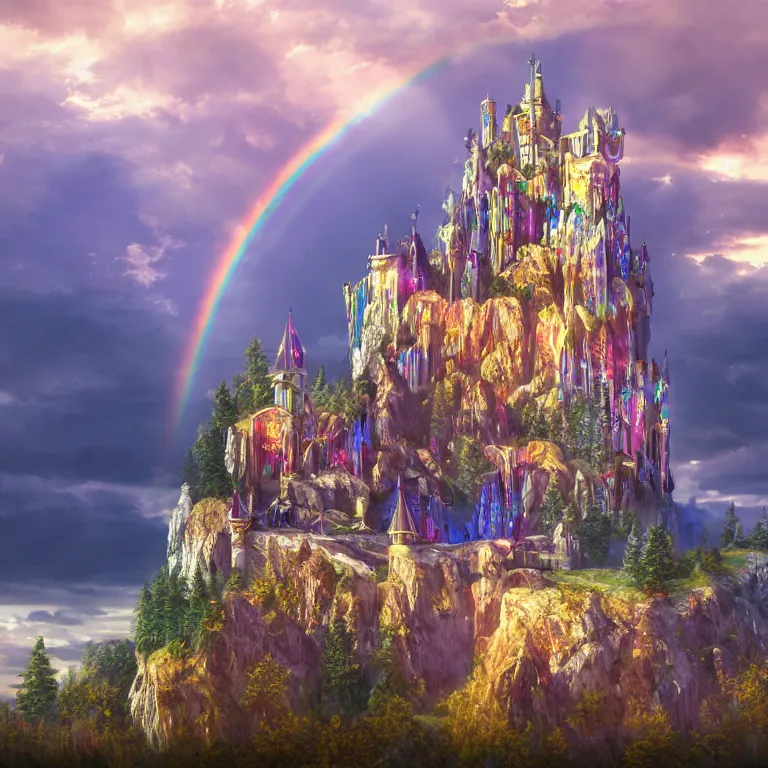 Prompt: a brilliant shining castle fortress made of crystal, stone, gems, stained glass, photo - realism, octane, 4 k, 8 k, clouds, blue sky, rainbow