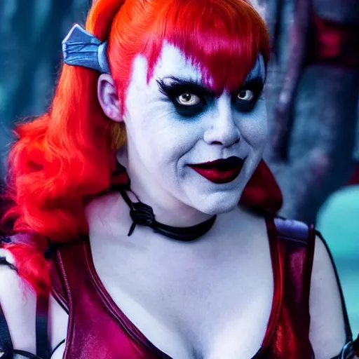 Image similar to Shrek as real-life Harley Quinn, cinematic, Wide-shot, atmospheric lighting, extreme detail, 8K, movie still