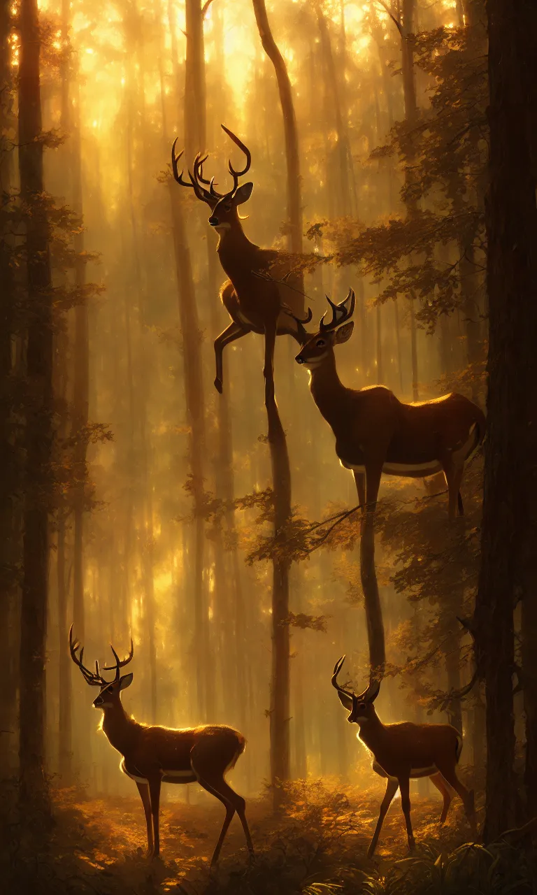 Image similar to Deer in Sherwood Forest, full frame, highly detailed, digital painting, artstation, concept art, smooth, sharp focus, illustration, art greg rutkowski and alphonse mucha