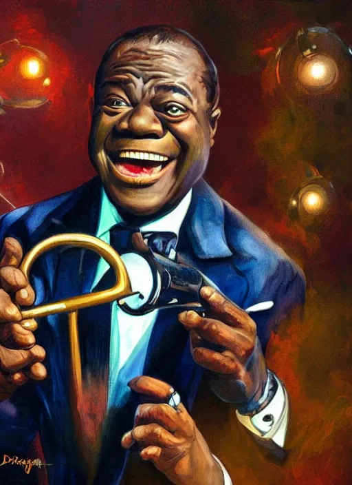 Image similar to a portrait of louis armstrong telling a joke, by drew struzan, dramatic lighting, highly detailed digital painting