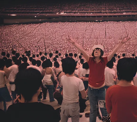 Prompt: photo of singer singing in an japan 1 9 8 0 pop big concert, and people enjoying the show, color photo, colored, ( sony a 7 r iv, symmetric balance, photolab, lightroom, 4 k, dolby vision, photography award )
