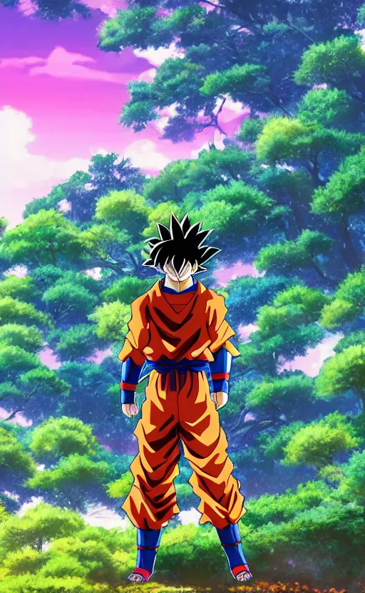 Image similar to an ultrawide photo of goku standing in front of sakura trees, studio ghibli concept art, detailed face, beautiful face, beautiful eyes, beautiful lighting, hdr, 4 k