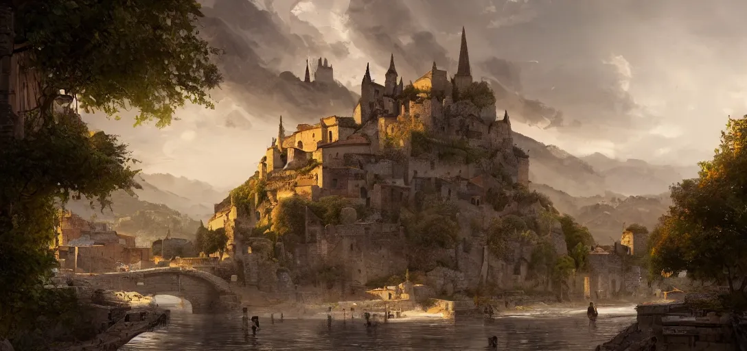 Image similar to lourmarin, landscape, alex ross, eddie mendoza, raphael lacoste, sebastian ludke, concept art, matte painting, highly detailed, rule of thirds, dynamic lighting, cinematic, detailed, magnificiant landscape, denoised, centerd