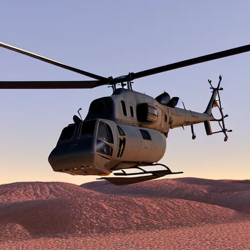 Prompt: Bell UH-1 Helicopter flying over the desert at dawn high detail realistic octane render accurate