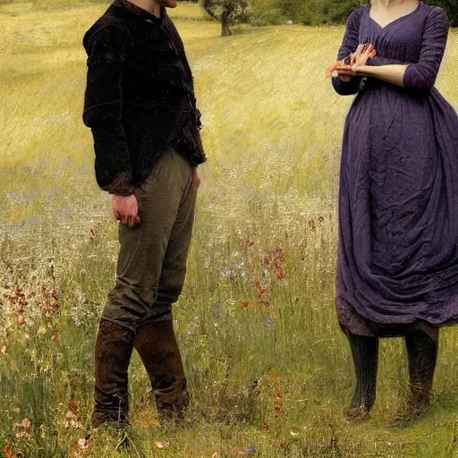 Prompt: Bradley James and Colin Morgan, 2 guys. From the television show Merlin (2008). In a beautiful meadow in love, happy; by Thomas Eakins, William Blake , trending on Artstation, masterpiece, 4k
