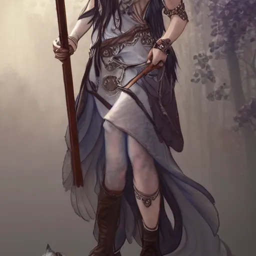 Prompt: detailed 2 d fantasy picture a woman with gray hear, using dead lion costume jacket, and holding long stick in the style of artgerm and greg rutkowski and alphonse mucha