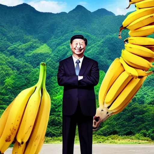 Prompt: Chinese president with bananas, dragon, mountains background, epic stance, battle