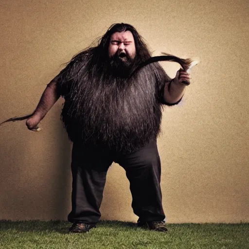 Image similar to a photo of a very hairy and angry very fat man with long hair holding a 1 m long yam