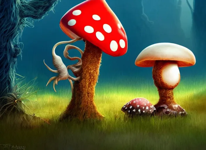 Image similar to a cute dr seuss creature sitting next to a mushroom, golden hour, fantasy, sharp focus, digital art, hyper realistic, 4 k, unreal engine, highly detailed, hd, dramatic lighting by brom, trending on artstation