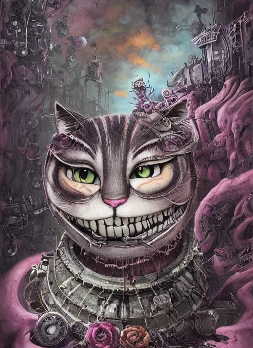 Image similar to cheshire cat, dieselpunk style, highly detailed, cinematic, 8 k, by megan duncanson, benjamin lacombe, adrian borda, stanley artgermm, tom bagshaw, craig mullins, carne griffiths, ayami kojima, beksinski, giger, trending on deviantart, hyper detailed, horror, full of colour