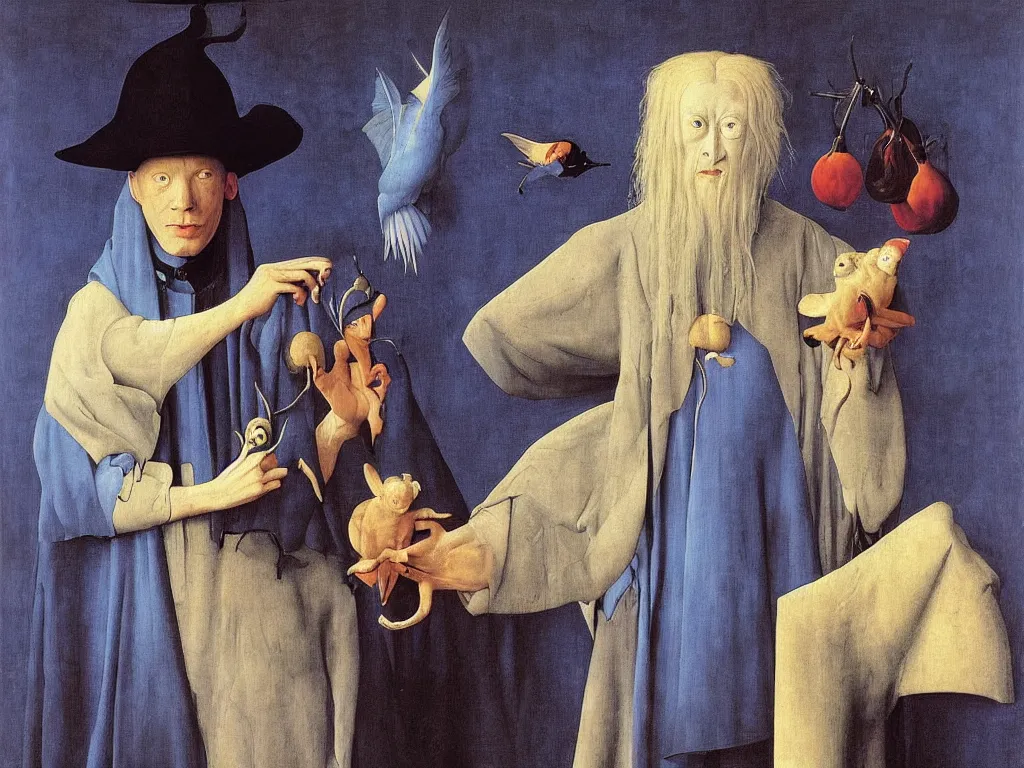 Image similar to portrait of albino mystic with blue eyes, with beautiful exotic bat. Painting by Jan van Eyck, Audubon, Rene Magritte, Agnes Pelton, Max Ernst, Walton Ford