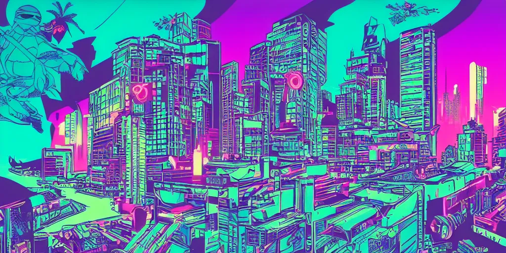 Image similar to vaporwave, vector graphics, ninja turtles, synthwave, neon, cityscape