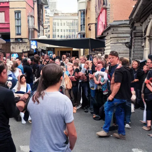 Prompt: a street magic performer with a crowd circling around