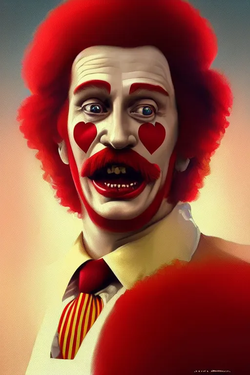 Image similar to vladimir putin as ronald mcdonald, 2 d portrait, symmetrical, highly detailed, digital painting, artstation, concept art, smooth, sharp focus, illustration, cinematic lighting, art by artgerm and greg rutkowski and alphonse mucha