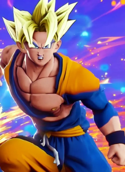 Image similar to game still of super sayan goku as a fortnite skin in fortnite.