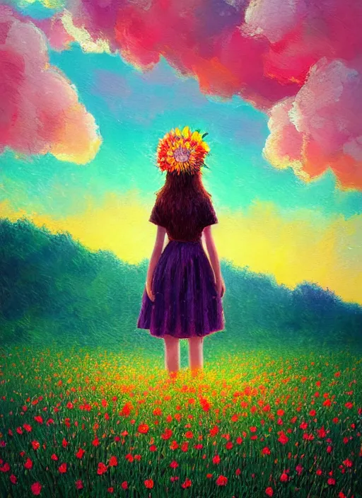 Image similar to girl with flower head, in a field with flowers, hills, big trees, sunrise dramatic light, impressionist painting, colorful clouds, digital painting, pointillism, artstation, simon stalenhag, flower head