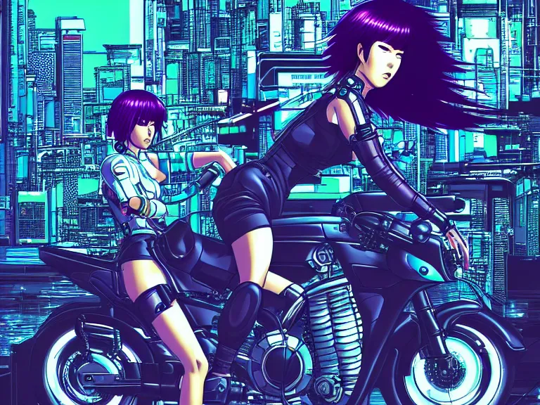 Image similar to motoko kusanagi riding a cyberpunk vehicle in a grungy cyberpunk megacity, intricate and finely detailed, cyberpunk vaporwave, by phil jimenez, ilya kuvshinov