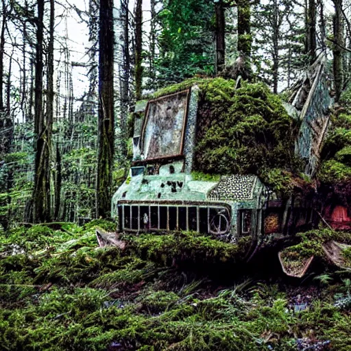 Prompt: derelict spaceship in a Forrest, hyper detailed, overgrown with moss, rusty metal, wildlife, daytime