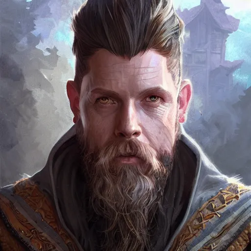 Prompt: sean harris wizard, D&D, painted fantasy character portrait, highly detailed, digital painting, concept art, sharp focus, illustration, art by artgerm and greg rutkowski and alphonse mucha