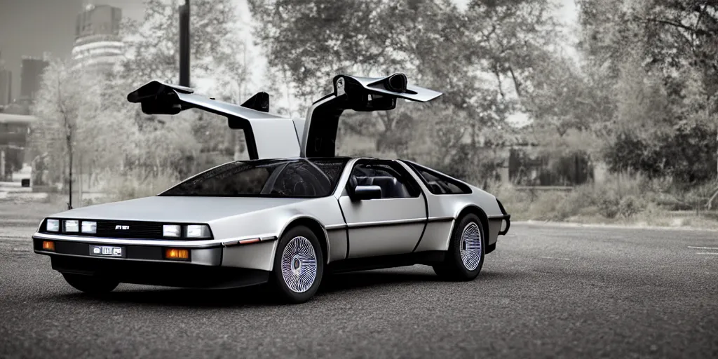 Prompt: a photoshoot of a flying delorean by ash thorp, car, back to the futur, ultra realistic, ultra detailed, 8 k, award winning